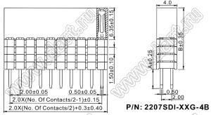 2207SDI-44G-4B розетка прямая двухрядная с увеличенным изолятором (гнездо) на плату для монтажа в отверстия, шаг 2,00 x 2,00 мм, А=3,8мм, В=12,35мм, 2х22 конт.