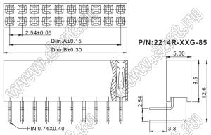 2214R-54G-85 (PBD-54R) розетка двухрядная угловая (гнездо) на плату для монтажа в отверстия, высота изолятора 8,5 мм; шаг 2,54 x 2,54 мм, 2х27 конт.