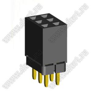 2203SDI-006G-1A розетка прямая трехрядная с увеличенным изолятором (гнездо) на плату для монтажа в отверстия, шаг 2,00 x 2,00 мм, А=2,3мм, В=7,85мм, 3х2 конт.