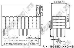 1999SDI-072G-4B розетка прямая четырехрядная с увеличенным изолятором (гнездо) на плату для монтажа в отверстия, шаг 2,00 x 2,00 мм, А=3,8мм, В=12,35мм, 4х18 конт.