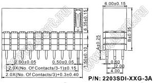 2203SDI-042G-3A розетка прямая трехрядная с увеличенным изолятором (гнездо) на плату для монтажа в отверстия, шаг 2,00 x 2,00 мм, А=2,3мм, В=10,85мм, 3х14 конт.