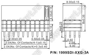 1999SDI-020G-3A розетка прямая четырехрядная с увеличенным изолятором (гнездо) на плату для монтажа в отверстия, шаг 2,00 x 2,00 мм, А=2,3мм, В=10,85мм, 4х5 конт.