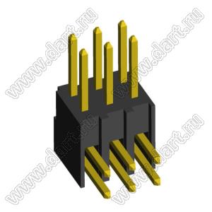 2215R-06G-383970 (2x3) вилка открытая угловая с увеличенным изолятором двухрядная на плату для монтажа в отверстия, шаг 2,54 x 2,54 мм, 2х3 конт.