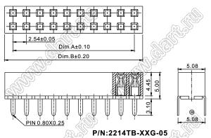 2214TB-42G-05 розетка двухрядная прямая (гнездо) на плату для монтажа в отверстия, высота изолятора 5,0 мм; шаг 2,54 x 2,54 мм; C=5,08 мм; 2х21 конт.