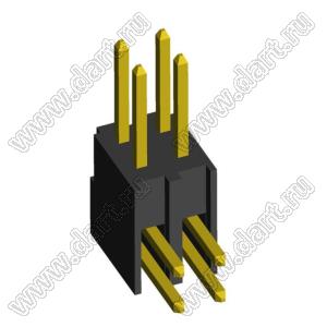 2215R-04G-383970 (2x2) вилка открытая угловая с увеличенным изолятором двухрядная на плату для монтажа в отверстия, шаг 2,54 x 2,54 мм, 2х2 конт.