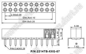 2214TB-04G-07 розетка двухрядная прямая (гнездо) на плату для монтажа в отверстия, высота изолятора 5,0 мм; шаг 2,54 x 2,54 мм; C=7,62 мм; 2х2 конт.