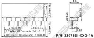 2207SDI-80G-1A розетка прямая двухрядная с увеличенным изолятором (гнездо) на плату для монтажа в отверстия, шаг 2,00 x 2,00 мм, А=2,3мм, В=7,85мм, 2х40 конт.