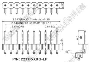 2211R-26G-LP (PLS-26R, DS1022-1x26-R) вилка открытая угловая низкопрофильная однорядная на плату для монтажа в отверстия; шаг 2,54мм; шаг 2,54мм; 26-конт.