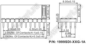 1999SDI-032G-1A розетка прямая четырехрядная с увеличенным изолятором (гнездо) на плату для монтажа в отверстия, шаг 2,00 x 2,00 мм, А=2,3мм, В=7,85мм, 4х8 конт.