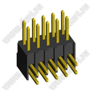 2215R-10G-383970 (2x5) вилка открытая угловая с увеличенным изолятором двухрядная на плату для монтажа в отверстия, шаг 2,54 x 2,54 мм, 2х5 конт.