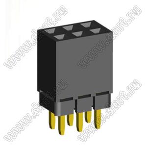 2207SDI-06G-1A розетка прямая двухрядная с увеличенным изолятором (гнездо) на плату для монтажа в отверстия, шаг 2,00 x 2,00 мм, А=2,3мм, В=7,85мм, 2х3 конт.