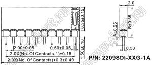 2209SDI-35G-1A розетка прямая однорядная с увеличенным изолятором (гнездо) на плату для монтажа в отверстия, шаг 2,00 мм, А=2,3мм, В=7,85мм, 35 конт.