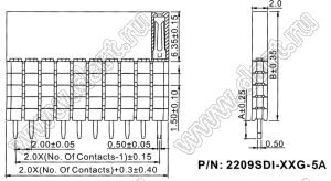 2209SDI-02G-5A розетка прямая однорядная с увеличенным изолятором (гнездо) на плату для монтажа в отверстия, шаг 2,00 мм, А=2,3мм, В=13,85мм, 2 конт.