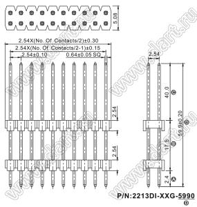 2213DI-16G-5990 (2x8) вилка штыревая открытая прямая с двойным изолятором двухрядная на плату для монтажа в отверстия; шаг 2.54мм; P=2,54x2,54мм; 2x8-конт.; L=59,9мм