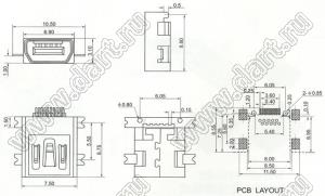 US10-045 (HW-F-010-05) розетка мини USB2.0 для поверхностного (SMD) монтажа, 10 конт.