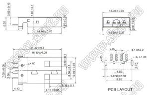 HW-UAM-06 (USB-ASM, DS1098-B) вилка USB2.0 на плату для поверхностного (SMD) монтажа горизонтальная тип A