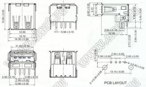 US10-105 розетка USB2.0 на плату для выводного монтажа угловая горизонтальная тип A