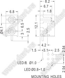 LEK-327 держатель двух 3мм светодиодов на плату угловой; нейлон-66 (UL); черный; C=4,1мм