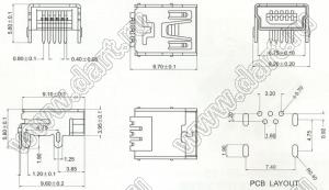 US01-372 (HW-MU-5F-21) розетка мини USB2.0 для выводного монтажа, 5 конт., 90 гр.