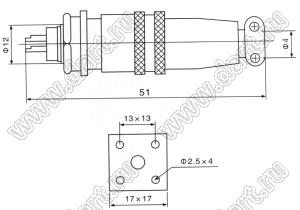 XS12-4PW/YC разъем промышленный металлический (комплект: вилка на прибор+розетка на кабель); d отв.=12мм; DC30V 0.2A; 4-конт.; никелирование