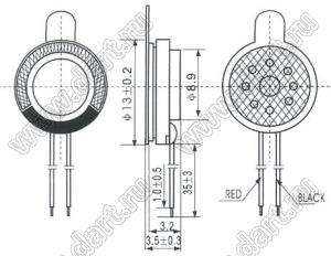 HD-13 динамик миниатюрный; D13H3,5мм; 0,5Вт; 8(Ом)