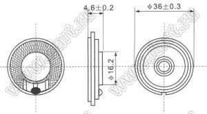 HD-36TA динамик миниатюрный; D36H4,6мм; 1,0Вт; 8(Ом)