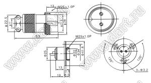 GX25-12PC/YC разъем промышленный металлический (комплект: вилка на кабель+розетка на кабель); 12-конт.; Iконт.=5А; никелирование