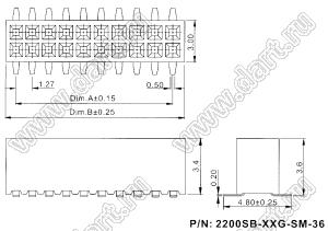 2200SB-16G-SM-36 розетка прямая двухрядная (гнездо) для поверхностного (SMD) монтажа на плату, шаг 1,27x1,27мм, h=3,6мм; 2x8конт.