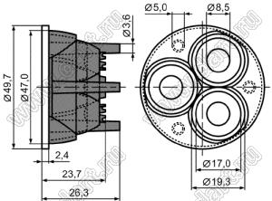 L-0015 линза для светодиода, D=50мм, H=26мм, 30град; поликарбонат