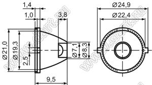 L-0003 линза для светодиода, D=22,5мм, d=7,5мм, H=9,5мм, 25град; поликарбонат