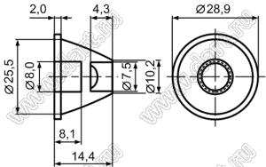 L-0012 линза для светодиода, D=29мм, d=10мм, H=14,5мм, 6град; поликарбонат