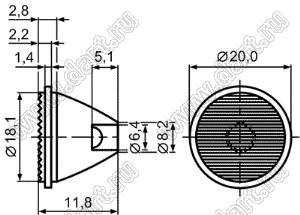 L-0007 линза для светодиода, D=19мм, d=7,5мм, H=12мм, 15град; поликарбонат