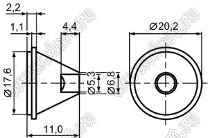 L-0002 линза для светодиода, D=20мм, d=7,5мм, H=11мм, 15град; поликарбонат