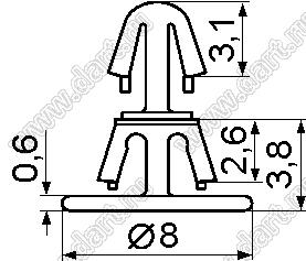 RCI-2.6 фиксатор платы с двумя защелками; D=3,0мм; S=1,6мм; d отв.=4,0мм; t=0,5мм; нейлон-66; натуральный