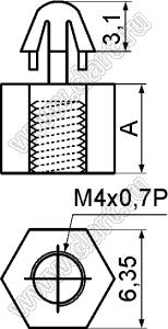 MAE4-9T фиксатор платы с защелкой в плату и резьбой М4x0,7; A=9,0мм; dп=4,0мм; s=1,6мм; нейлон-66; натуральный