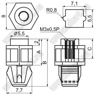 KVLM3-25.4 фиксатор платы под фигурное отверстие в шасси; A=25,4мм; B=31,9мм; C=8,0мм; s=1,0...1,8мм; нейлон-66 (UL); натуральный