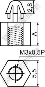 MAE-26T фиксатор платы с защелкой в плату и резьбой М3x0,5; A=26,0мм; dп=3,0мм; s=1,6мм; нейлон-66 (UL); натуральный