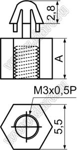 MAE-16T фиксатор платы с защелкой в плату и резьбой М3x0,5; A=16,0мм; dп=3,0мм; s=1,6мм; нейлон-66 (UL); натуральный