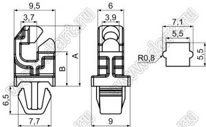 LCMM-8 фиксатор платы угловой под фигурное отверстие в шасси; A=14,0мм; B=8,0мм; t=0,8....1,8мм; нейлон-66; натуральный