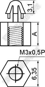 MAE43-11T фиксатор платы с защелкой в плату и резьбой М3x0.5; A=11,0мм; нейлон-66 (UL); натуральный