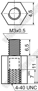 TPS44-11 стойка шестигранная с внутренней 4-40 UNC и наружной М3x0,5 резьбами; резьба внутр. 4-40 UNC; резьба наружн. M3x0,5; нейлон-66 (UL); натуральный