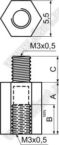 TP-11.2 стойка шестигранная с внутренней и наружной резьбами М3x0,5; A=11,2мм; B=6,0мм; C=3,5мм