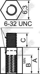 TP632-19.1S стойка шестигранная с внутренней и наружной резьбами 6-32 UNC; нейлон-66 (UL); натуральный; A=19,1мм; B=6,0мм; C=5,0мм