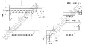DS1033-09FWN8 (5501-09SA, DB-09F) розетка D-SUB для пайки на кабель; без гаек; 9-конт., контакты золоченые