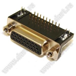 DS1038-26FB0N-C (5510-26SA-02A, DHR-26FC) розетка угловая D-SUB высокой плотности для пайки на плату; 26-конт.; с установленными стойками и закладными гайками; черный изолятор