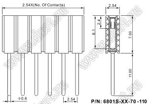 6801S-15-70-110 (SS-D70-X15-LF) гнездо цанговое с выводави длиной 11 мм, шаг 2,54 мм, высота изол. 70 мм, 15 контактов