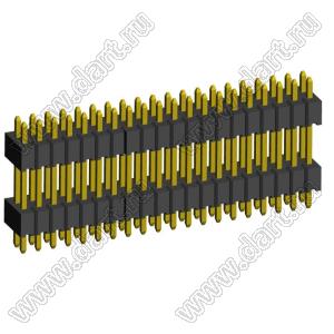 2199SBDI-040G-1110 (PLLHD1.27-40) вилка штыревая открытая прямая с двойным изолятором двухрядная на плату для монтажа в отверстия, шаг 1,27x1,27 мм, 2x20 конт.