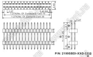 2199SBDI-080G-1110 (PLLHD1.27-80) вилка штыревая открытая прямая с двойным изолятором двухрядная на плату для монтажа в отверстия, шаг 1,27x1,27 мм, 2x40 конт.