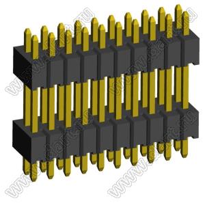 2199SBDI-020G-1110 (PLLHD1.27-20) вилка штыревая открытая прямая с двойным изолятором двухрядная на плату для монтажа в отверстия, шаг 1,27x1,27 мм, 2x10 конт.