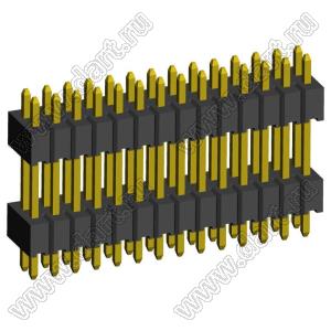 2199SBDI-028G-1110 (PLLHD1.27-28) вилка штыревая открытая прямая с двойным изолятором двухрядная на плату для монтажа в отверстия, шаг 1,27x1,27 мм, 2x14 конт.